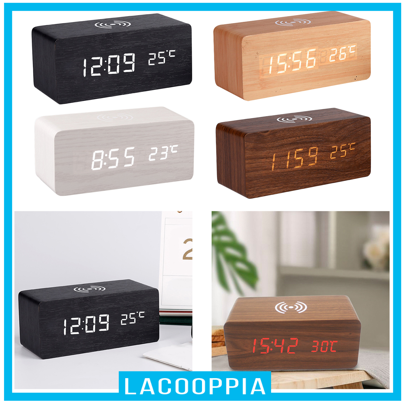 Digital Alarm Clock &amp; Wooden Electronic LED Time Display Temperature Detect