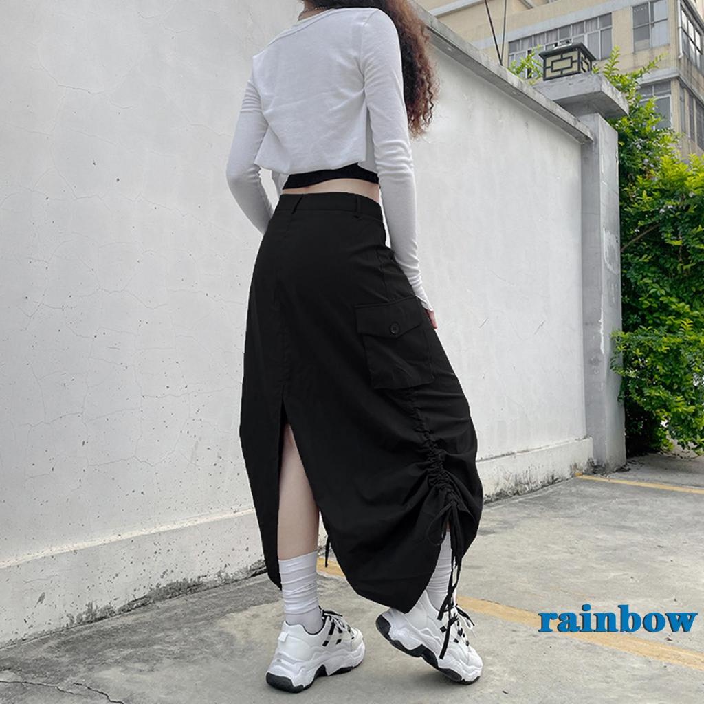 Chân Váy Midi Dài Thẳng Có Túi Màu Cầu Vồng 2K Phong Cách Harajuku Cổ Điển Đường Phố Cho Nữ