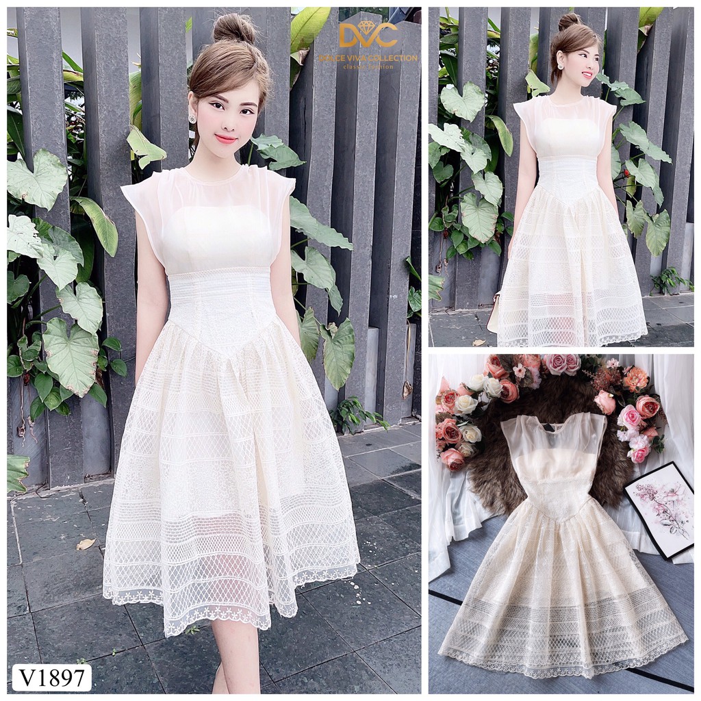 [Mã FAGREEN1505 giảm tới 30K đơn 99K] Váy ren kem sát nách V1897 - Đẹp Shop DVC (Kèm ảnh thật trải sàn do shop tự chụp)