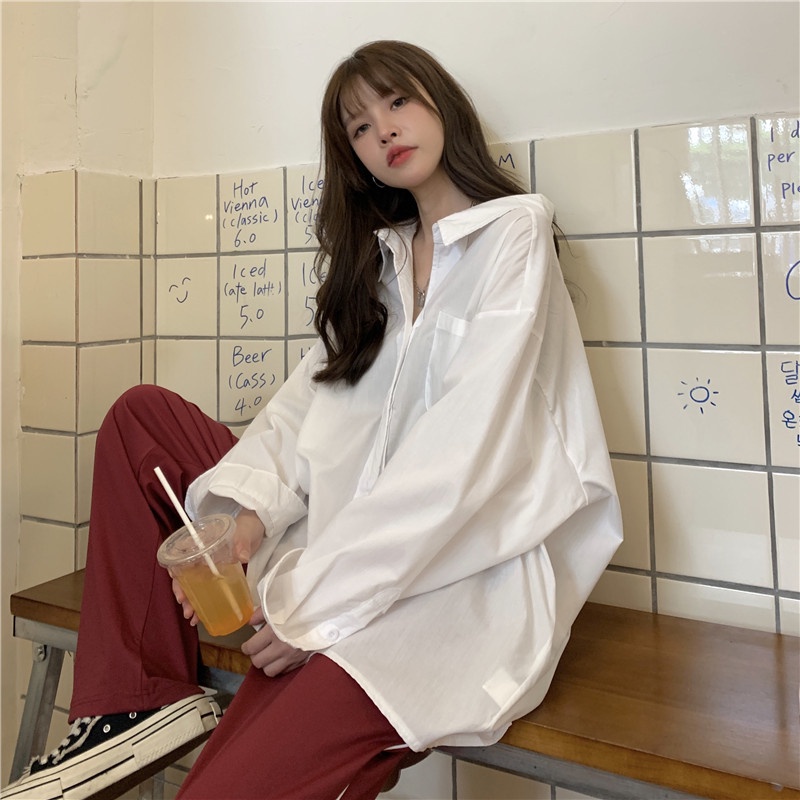 Áo sơ mi tay dài dáng rộng màu đẹp giản đơn trẻ trung dễ phối đồ