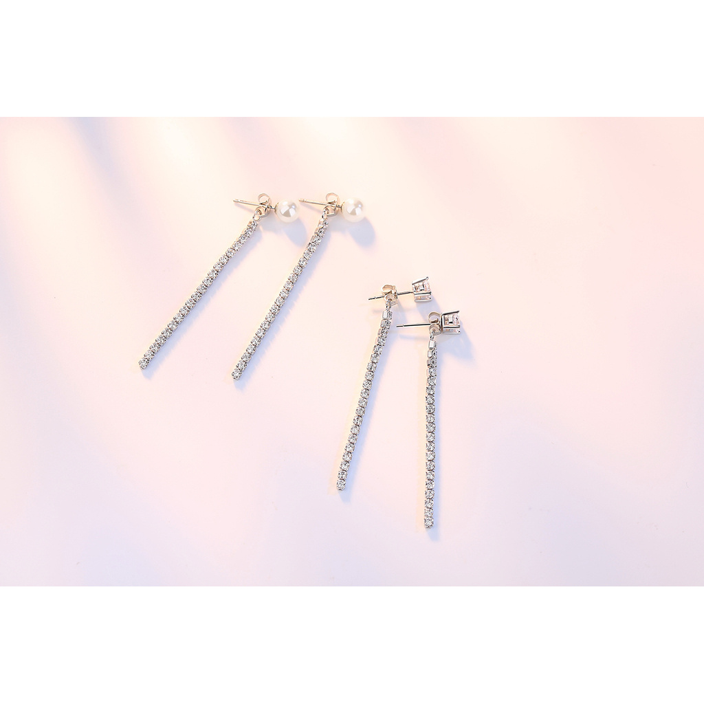 Khuyên Tai Bạc 925 Dáng Dài Đính Đá Zircon / Ngọc Trai Nhân Tạo Phối Tua Rua Phong Cách Hàn Quốc Thời Trang Cho Nữ-S1