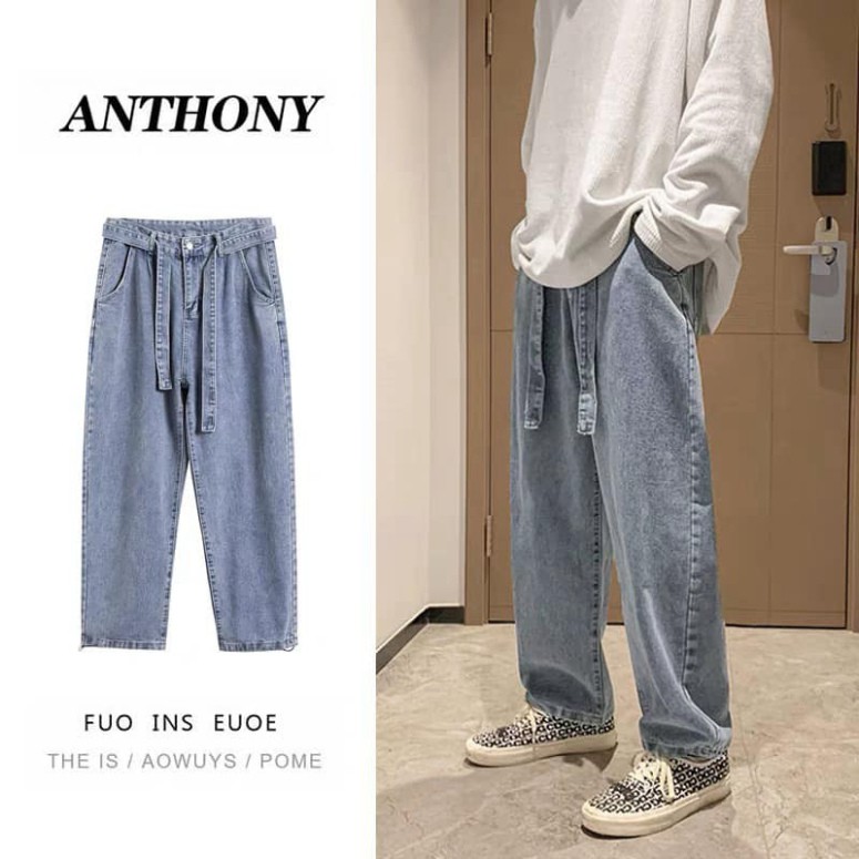 Quần jeans dáng xuông kèm đai buộc- Q8 - quần bò ống suông rộng - vải cao cấp -Đổi trả free nếu hàng lôi