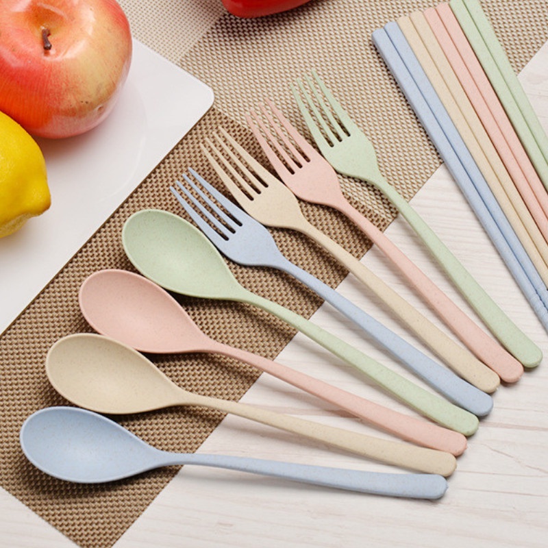 Hộp 3 món muỗng đũa nĩa nhựa lúa mạch 4 màu siêu xinh, mang du lịch, văn phòng tiện lợi