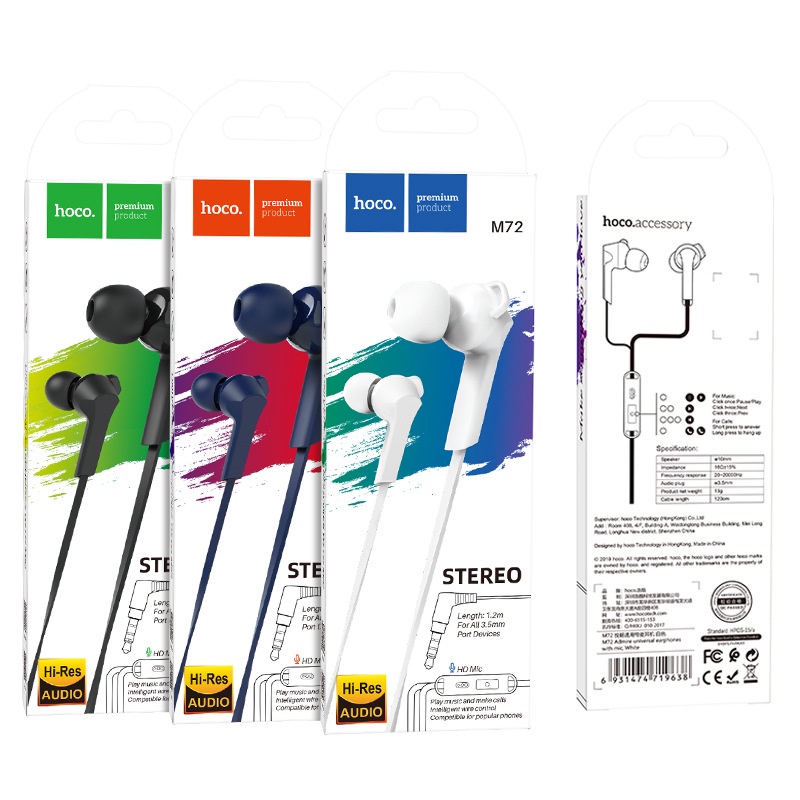 Tai Nghe Có Dây Nhét Tai Chống Ồn Super Bass Hoco M72 Jack 3.5mm Có Mic Cổng Cắm 3.5mm Nằm Ngang Thuận Tiện Chơi Game