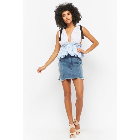 Áo Sọc Peplum Nơ Vai Nhún Eo FOREVER 21 Cổ V Hàng Xuất Dư Xịn Cao Cấp Full Tag Ver06