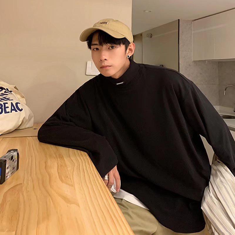 Áo thun tay dài cổ cao dáng rộng màu sắc thời trang cho nam