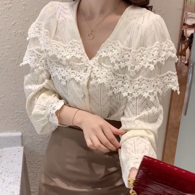 Áo Sơ Mi Cổ Chữ v Phối Ren Phong Cách Hàn Quốc Thời Trang Cho Nữ