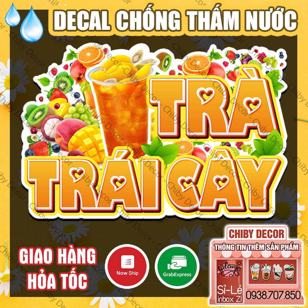 Tranh Dán Tường Trà Trái Cây 🌈 Decal Dán Tường Trang Trí Quán Trà Sữa, Cà Phê - Chống Thấm Nước, Chống Nắng, Cắt Sẵn