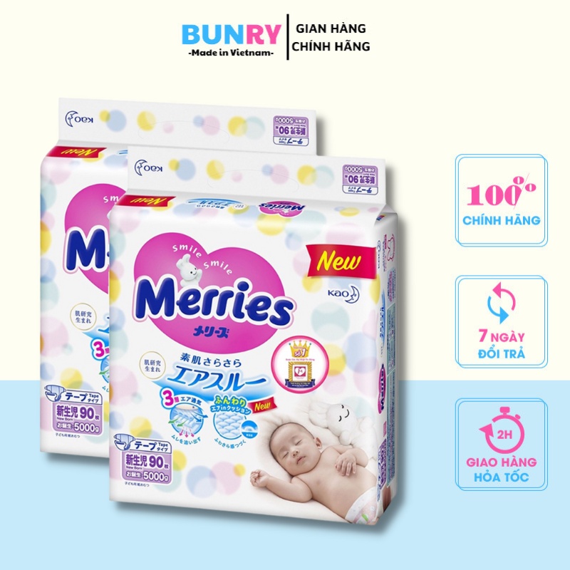 Bỉm Merries nội địa Nhật cộng miếng cao cấp mềm mại an toàn NB82/S76/M60/M58/L50, tã dán quần em bé nội địa Bunry shop