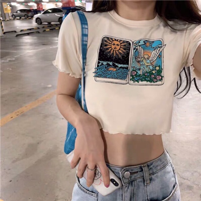 (Ảnh thật) Áo croptop ulzzang cuốn biên in hình