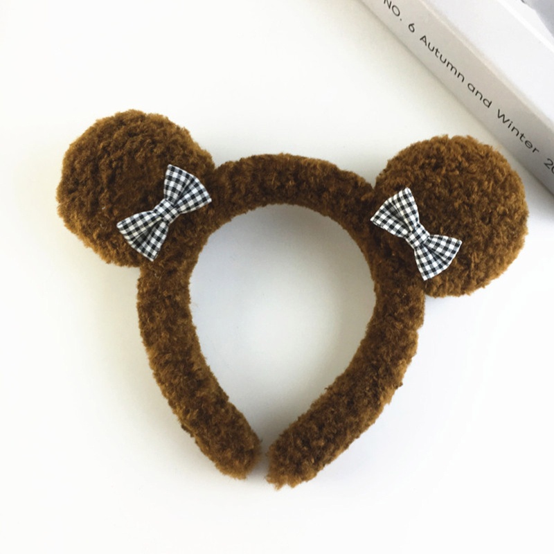 Băng Đô Cài Tóc Hình Tai Gấu Bông Họa Tiết Sọc Caro