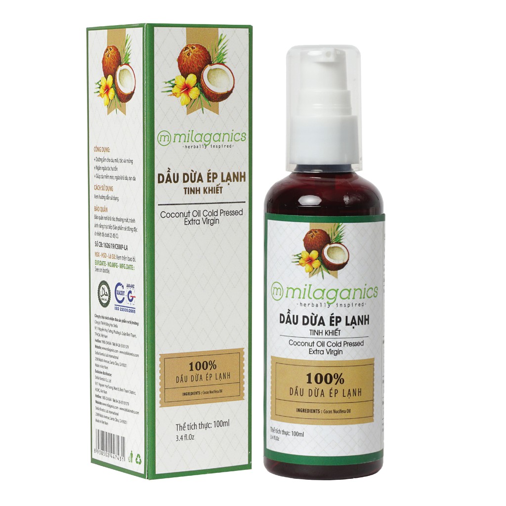 Dầu Dừa Tinh Khiết Vitamin E Dưỡng Da - Tóc - Môi MILAGANICS 100ml (Chai)