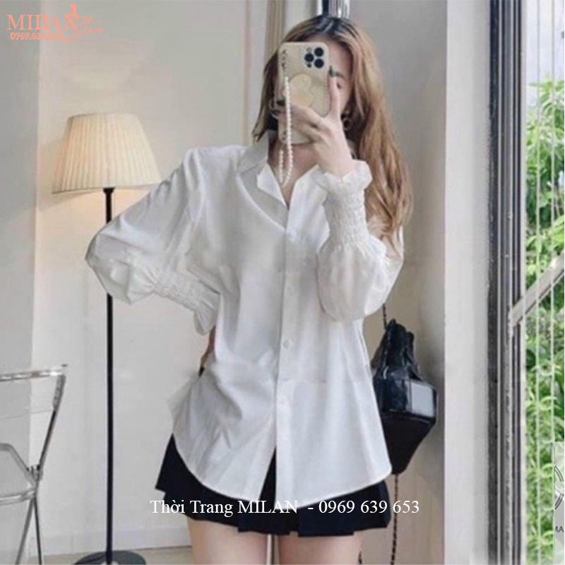 Áo sơ mi trắng nữ đi học làm công sở kiểu tay dài bo chun nhúm cổ bẻ V - Áo sơ mi nữ form rộng dài tay chất vải lụa mềm