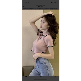 Áo croptop cổ bẻ phối viền nút