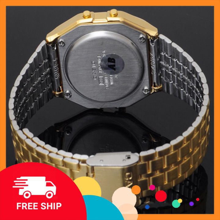Đồng hồ Nữ Casio A159WGEA-1DF 🔥 𝓢𝓲ê𝓾 𝓗𝓸𝓽 🔥 Cam Kết Hàng Chính Hãng -  Mặt viền đen xanh - Dây kim loại mạ vàng
