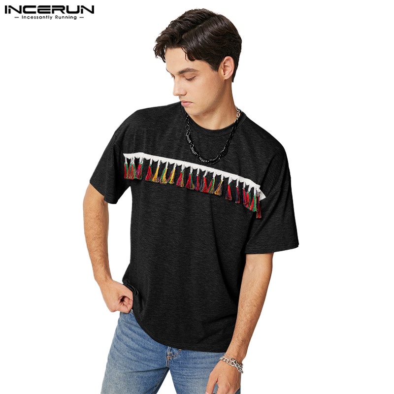 Áo thun INCERUN ngắn tay phối tua rua nhiều màu sắc phong cách dân tộc cho nam