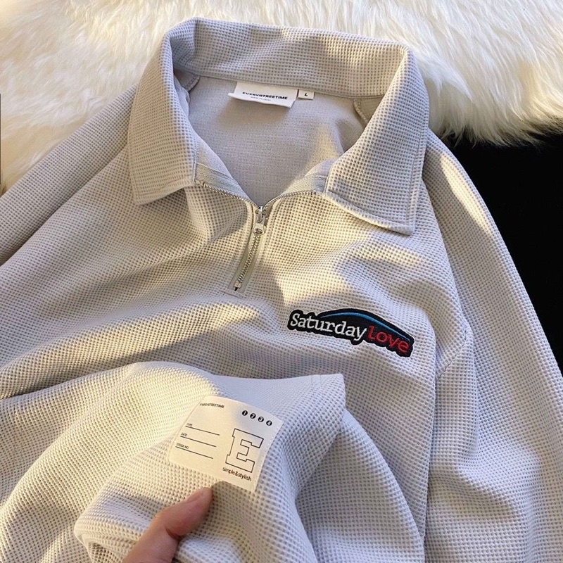 Áo nỉ dài tay da cá cổ polo bẻ sơ mi form rộng unisex dáng Ulzzang Hàn Quốc