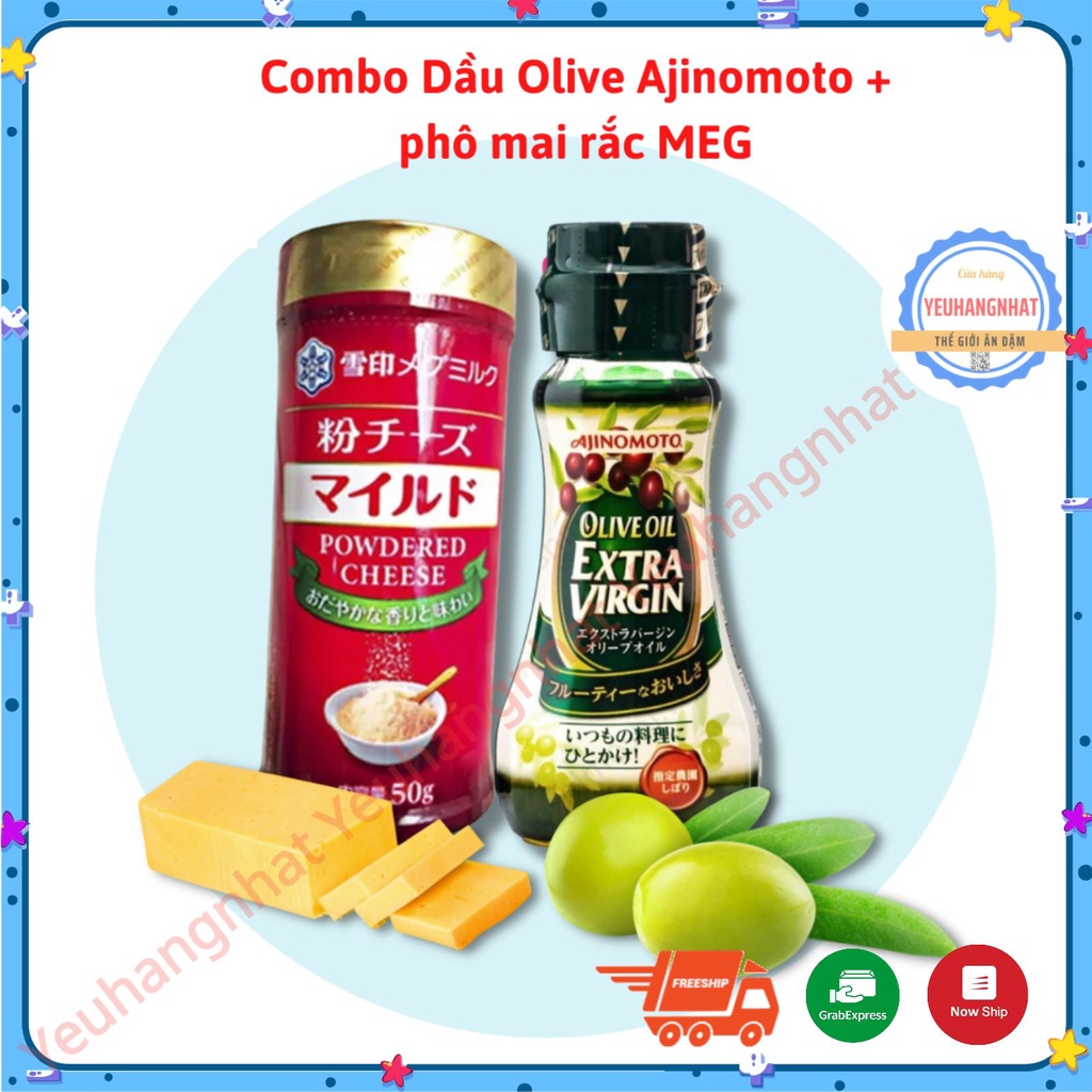Combo đồ ăn: Dầu Olive Ajinomoto và Phô mai rắc Nhật Bản