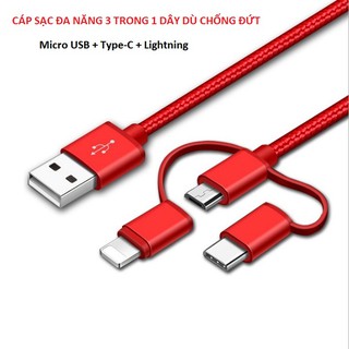 Cáp sạc đa năng 3 in 1 bọc dù chống đứt, sạc cực nhanh