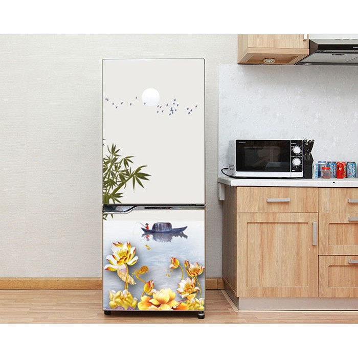 Decal dán tủ lạnh - Mẫu Thuyền Và Sen - Chất liệu cao cấp - Có sẵn keo dán