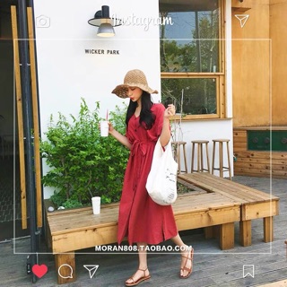 Váy vải thô dáng dài màu đỏ