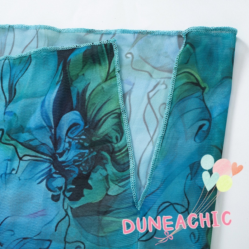 DUNEA Đầm Dài Tay Cổ Cao Phối Lưới In Họa Tiết Xinh Xắn Dành Cho Nữ