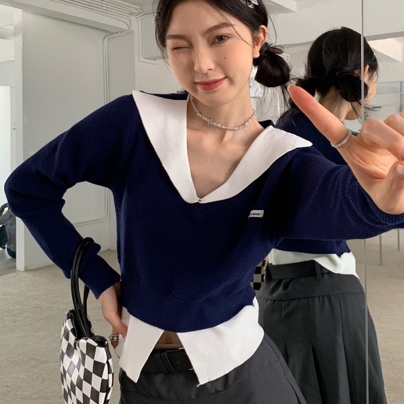 Đầm dệt kim ZHELIHANGFEI giả hai lớp tay dài cổ chữ V lưng cao thời trang trẻ trung