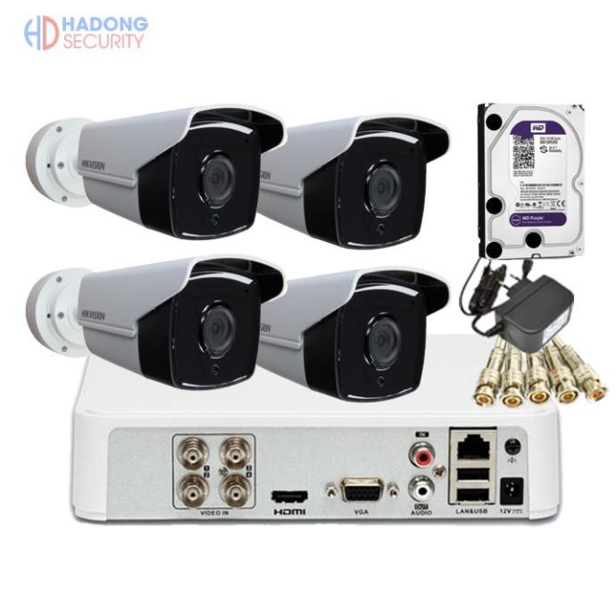 Trọn bộ 4 camera Siêu hồng ngoại Hikvision DS-2CE17D0T-IT5 2MP, hồng ngoại 80m, đầy đủ phụ kiện