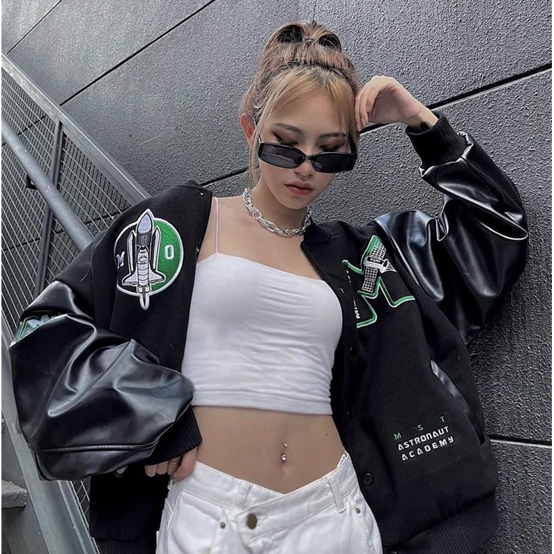 Áo Khoác Bomber Nỉ Phối Tay Da M Siêu Ngầu