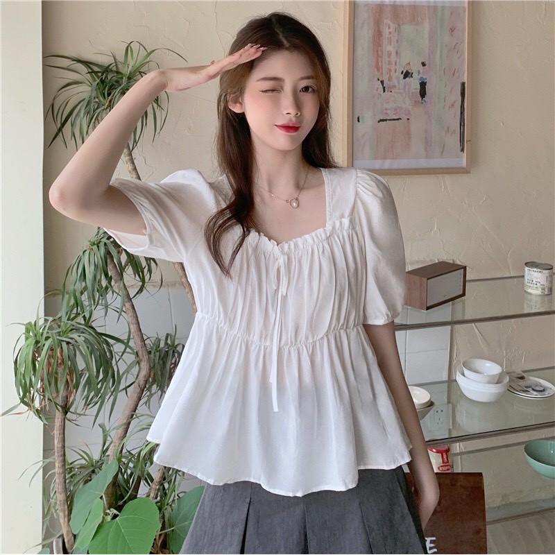 Áo sơ mi nữ tay bồng xếp ly ngực dáng babydoll | BigBuy360 - bigbuy360.vn