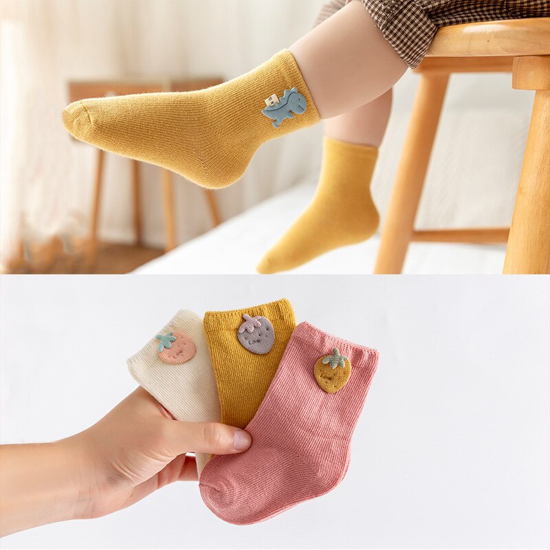 Set 3 Đôi Vớ Cotton Cổ Thấp Mềm Mại Màu Trơn In Họa Tiết Động Vật Hoạt Hình Đáng Yêu Cho Bé