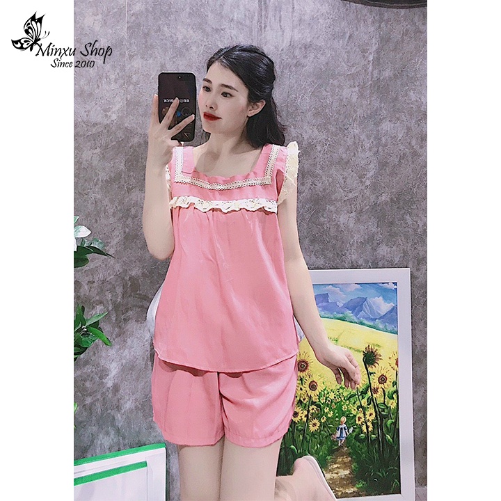 Bộ mặc nhà nữ sát nách vải đũi mát lịm thoải mái, nhiều màu tươi sáng nữ tính, kiểu dáng trẻ trung Minxu Shop AE
