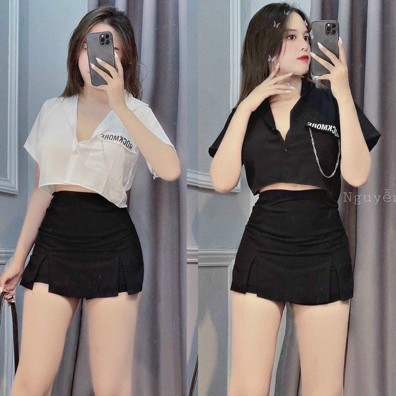 Áo sơ mi nữ tay ngắn phối nắp túi kiểu móc xích độc lạ chất kate form croptop tôn dáng xinh