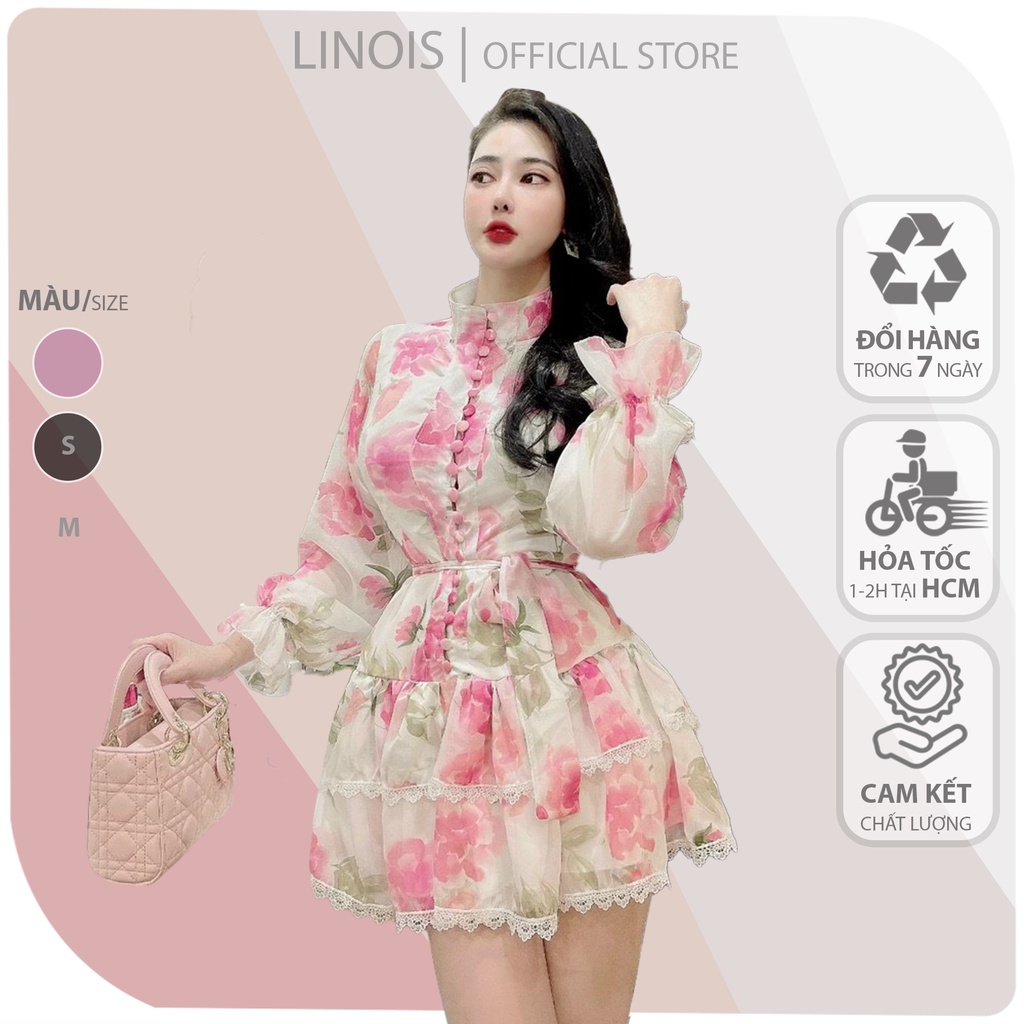 Đầm Voan Hoa Tay Dài Công Chúa Cổ Cao Đuôi Váy Xòe Tầng Thắt Nơ Bụng - Vải Chiffon - 2 Màu Hồng, Đen - ẢNH THẬT