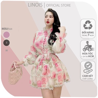 [CH30] Đầm Voan Hoa Tay Dài Công Chúa Cổ Cao Đuôi Váy Xòe Tầng Thắt Nơ Bụng - Vải Chiffon - 2 Màu Hồng, Đen - ẢNH THẬT