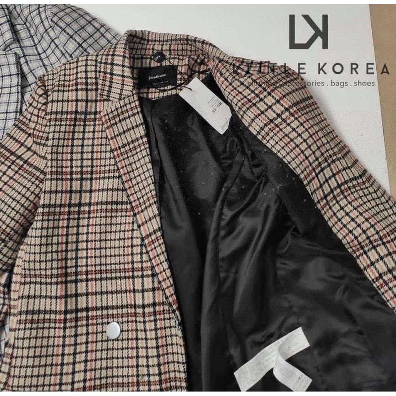 Áo Khoác Dạ Tweet Nữ, Áo Blazer Nữ 2 Lớp Dáng Dài Kẻ Caro - LITTLE KOREA