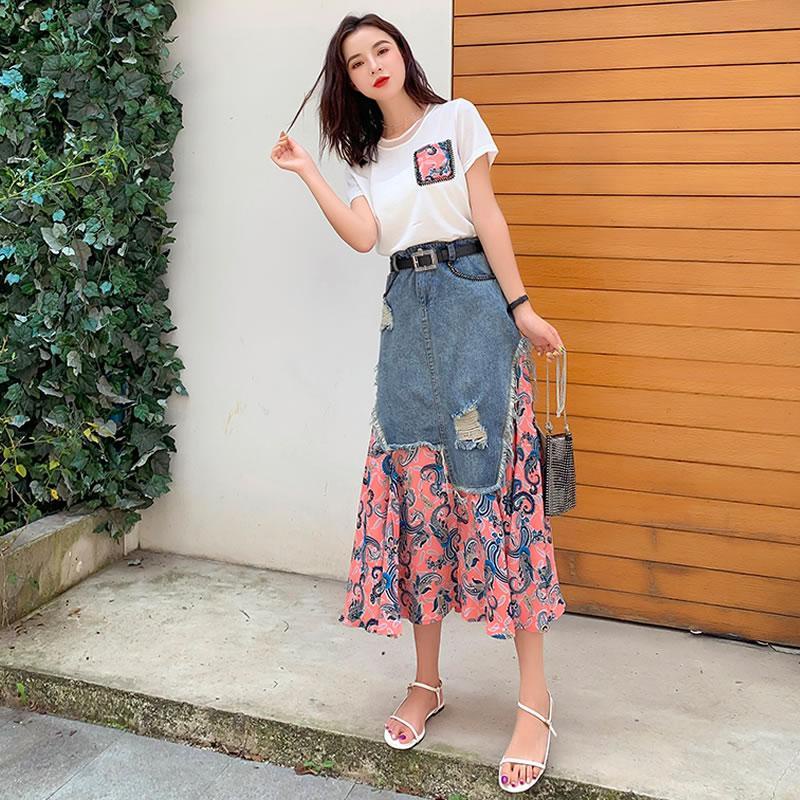 Set Áo Thun Ngắn Tay Đính Hạt + Chân Váy Denim Thời Trang Nữ