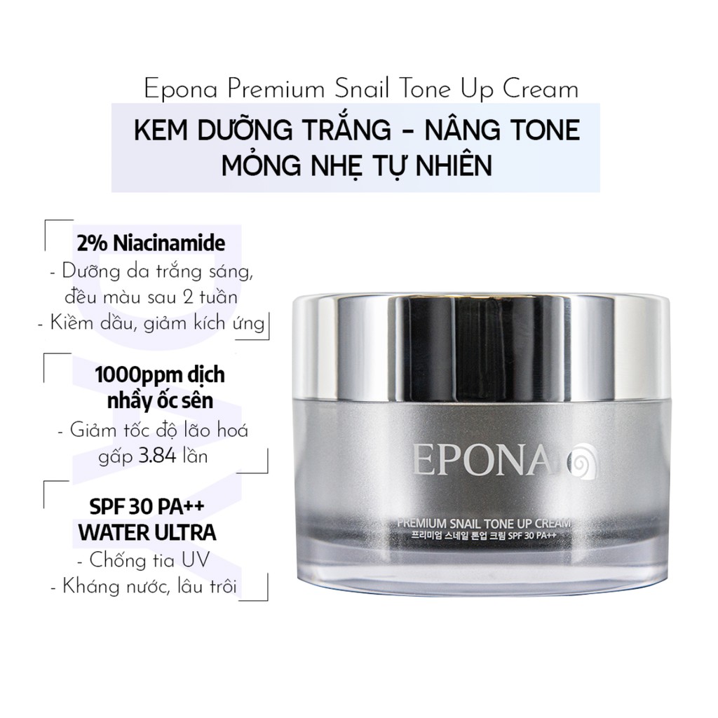 Kem Dưỡng Trắng Da Nấng Tone Tự Nhiên Epona Premium Snail Tone Up Cream SPF 30 PA++  50ml