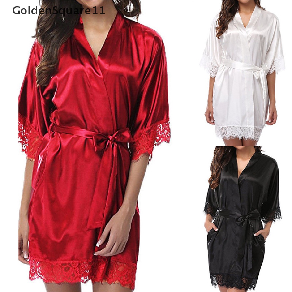 [GoldenSquare11] Sexy Women Lace Long Bride Kimono Robe Satin Silk Night Dressing Gown .