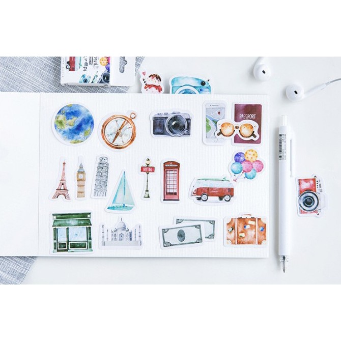 Hộp 46 miếng sticker mẫu du lịch và máy ảnh
