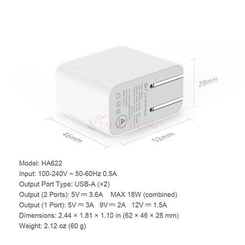 Cốc sạc Xiaomi ZMI 2USB QC3.0 18W HA622 - Hàng chính hãng