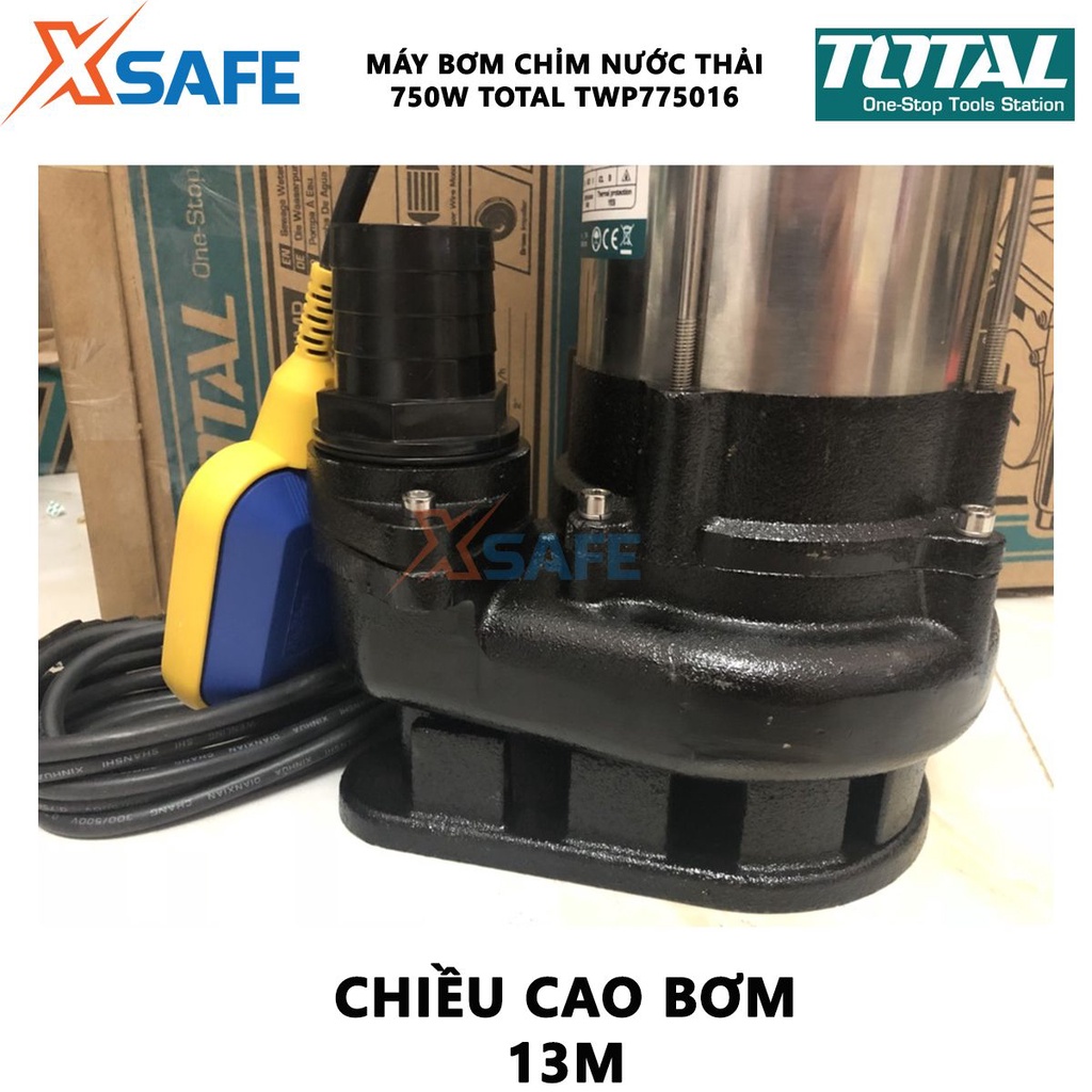 Máy bơm chìm chất thải TOTAL TWP775016 Máy bơm nước thải 750W, vỏ bơm thép không gỉ bền bỉ - Chính hãng