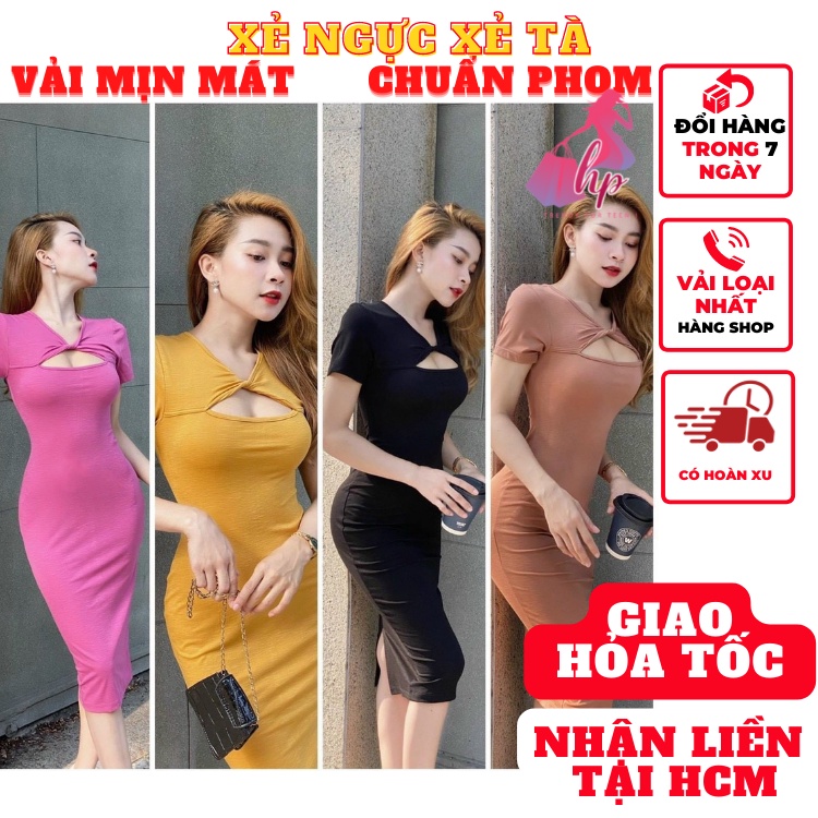 Váy đầm nữ xoắn hở ngực xẻ đùi tay ngắn ôm body thun cotton xịn màu đen kiểu hàn quốc dự tiệc sang chảnh VD157