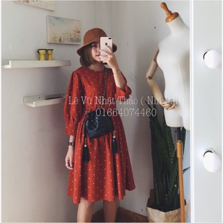 Đầm babydoll chấm bi cam đất