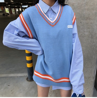 26932 v-neck knit vest + Polo collar long sleeves stripe loose shirt women top