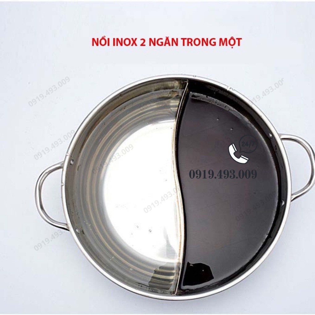 Nồi lẩu 2 ngăn 30cm nấu được bếp từ , lẩu chia ngăn, lẩu thái, chất liệu Inox có nắp kính (khosithuanthanh)