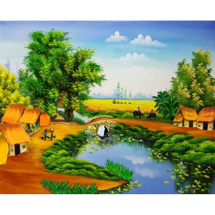 Tranh Đồng Quê Việt Nam Lụa 3D Cao Cấp Dán Tường phong cảnh hữu tình, non xanh nước biếc hình ảnh sắc net, không lo phai