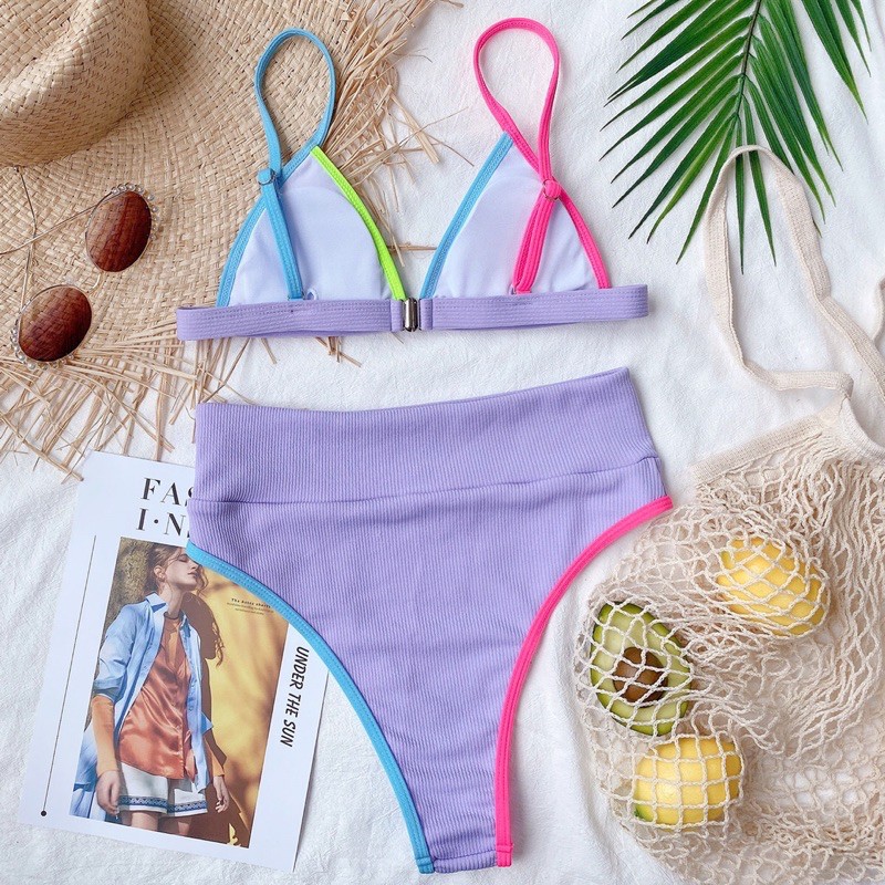 Bikini hai mảnh chip tam giác quần lưng cao khoét mông vải thun gân hottrend