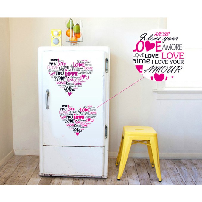Decal trang trí chữ Tiếng Anh hình trái tim