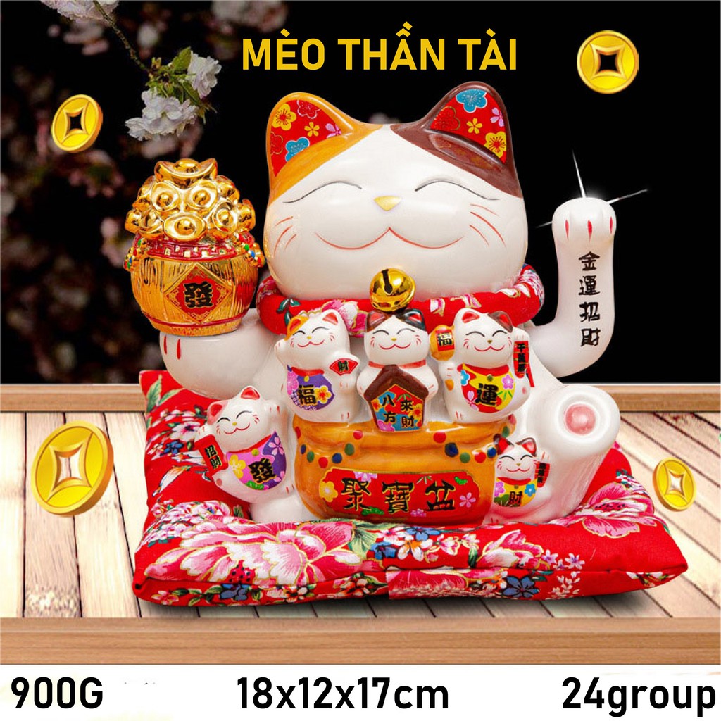 Mèo Thần Tài Vẫy Tay Phát Tài Phát Lộc Gốm Sứ Cao Cấp Kèm đệm đỏ Mèo may mắn vẫy tay chiêu tài phát lộc Maneki Neko